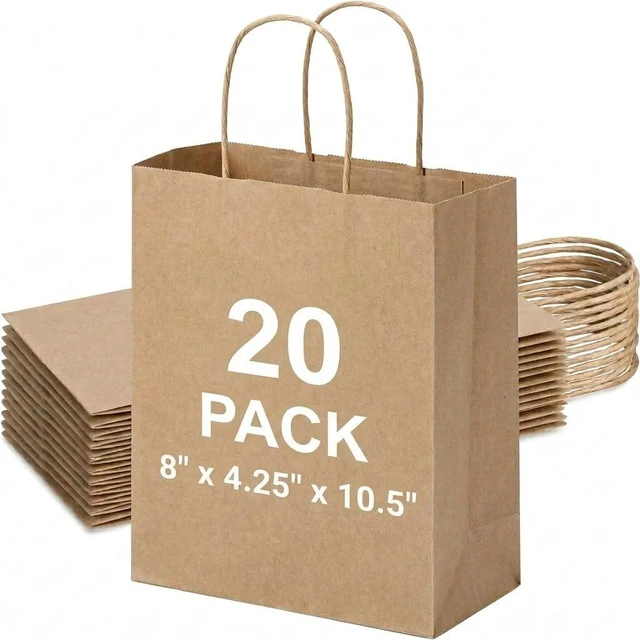 Main image of Gift Bags 8 x 4.25 x 10.5 Inch 20 Pack Medium Brown Paper Bags | Kraft Paper Bags with Handles,Heavy Duty Paper Sacks Bulk for Takeout Shopping,Wedding Birthday Party Favors,Retail Business