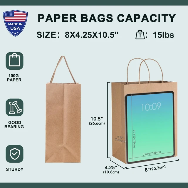 Alt view image 2 of 7 - Gift Bags 8 x 4.25 x 10.5 Inch 20 Pack Medium Brown Paper Bags | Kraft Paper Bags with Handles,Heavy Duty Paper Sacks Bulk for Takeout Shopping,Wedding Birthday Party Favors,Retail Business