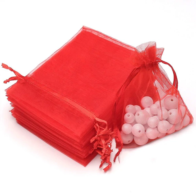 Main image of 100Pcs 2.8"x3.6"(7x9cm) Sheer Drawstring Organza Jewelry Pouches Wedding Party Christmas Favor Gift Bags (Red)