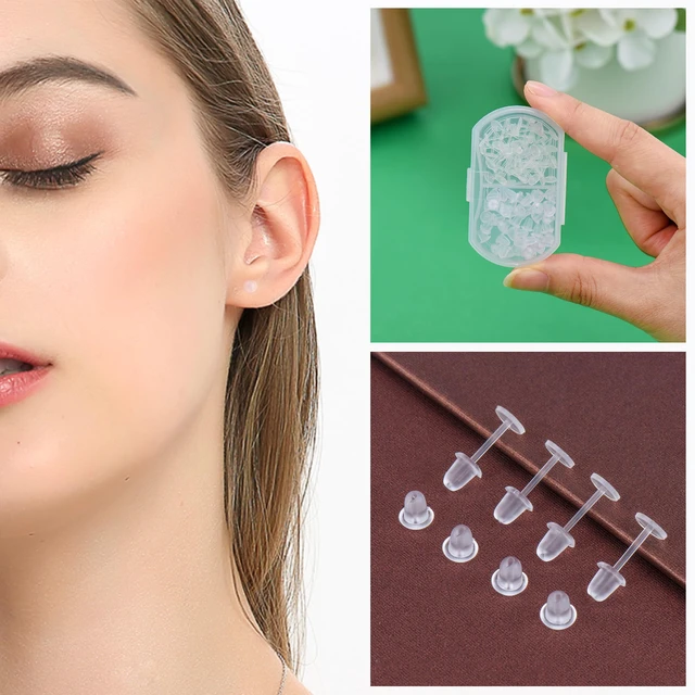 Alt view image 4 of 7 - Clear Earrings for Sports for Ear/Work Sports Earrings Hyperallergic 100Pcs | Plastic Earrings for Surgery Silicone Earrings Ear Piercing Covers for Sports Clear Stud Earrings Clear Ear Piercing
