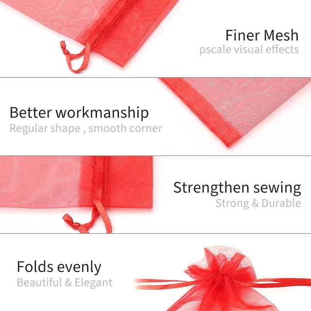 Alt view image 4 of 7 - 100Pcs 2.8"x3.6"(7x9cm) Sheer Drawstring Organza Jewelry Pouches Wedding Party Christmas Favor Gift Bags (Red)