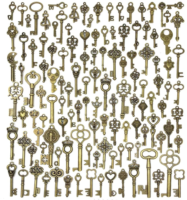 Main image of 125 PCS Vintage Skeleton Key Set Charms, Mixed Antique Style Bronze Brass for Pendant DIY Jewelry Making Wedding Party Favors