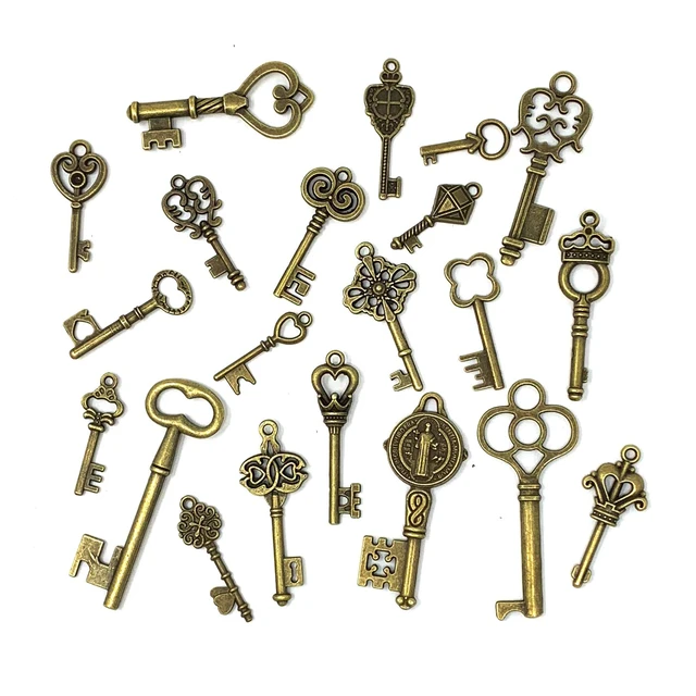 Alt view image 2 of 7 - 125 PCS Vintage Skeleton Key Set Charms, Mixed Antique Style Bronze Brass for Pendant DIY Jewelry Making Wedding Party Favors
