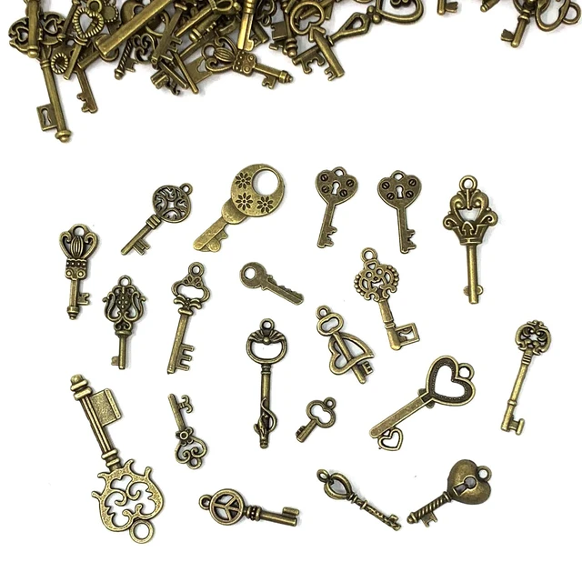 Alt view image 4 of 7 - 125 PCS Vintage Skeleton Key Set Charms, Mixed Antique Style Bronze Brass for Pendant DIY Jewelry Making Wedding Party Favors