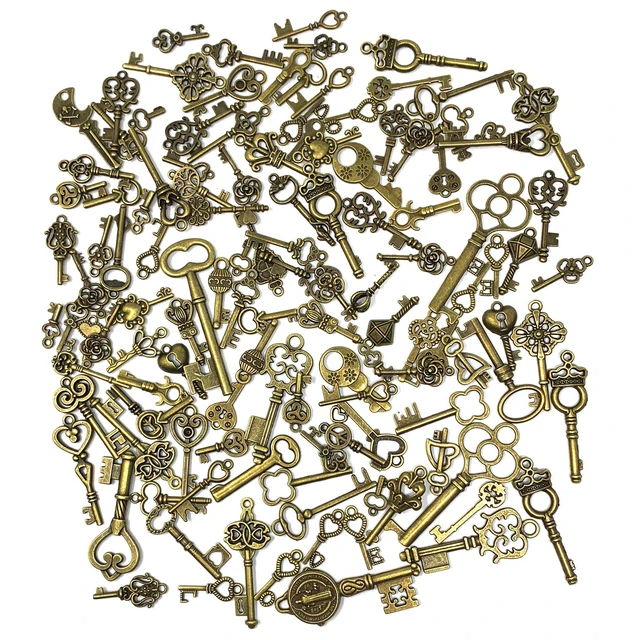 Alt view image 5 of 7 - 125 PCS Vintage Skeleton Key Set Charms, Mixed Antique Style Bronze Brass for Pendant DIY Jewelry Making Wedding Party Favors
