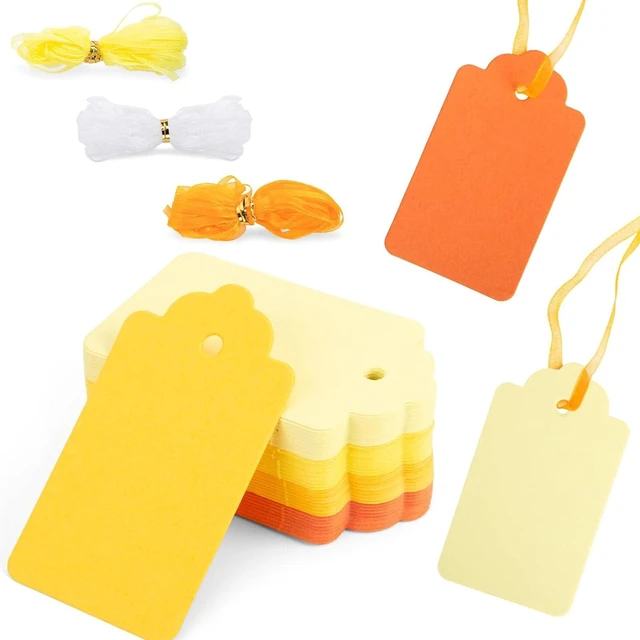 Main image of 100PCS Yellow Orange Gift Tags with Organza Ribbons | Four Gradient Colors and Three Matching Ribbon Rolls Suit Fall Gifts and Themed Parties