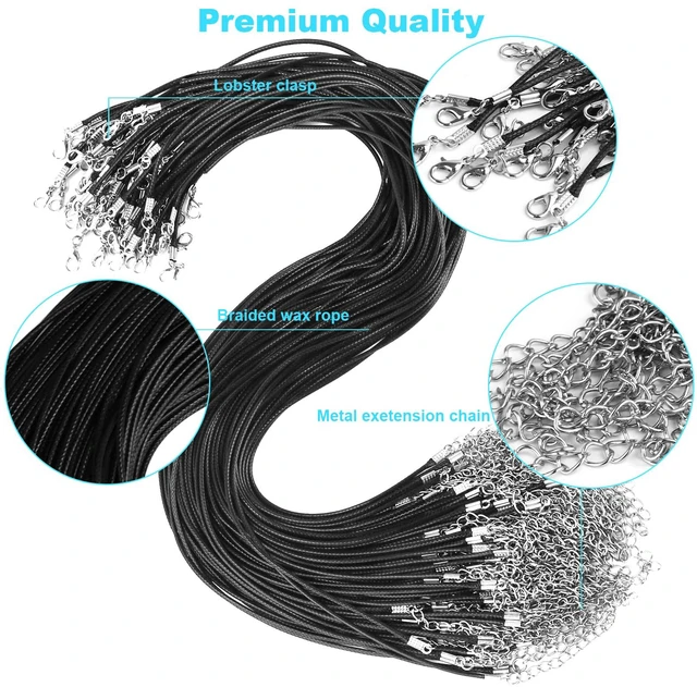 Alt view image 4 of 7 - 100Pcs Premium Leather Necklace Chains Bracelet Cord with Clasps for Pendants, Bulk Waxed Rope Necklace String, Black , 18" for Jewelry Making Supplies, 1.5mm