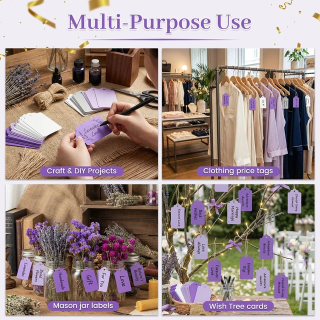Alt view image 2 of 7 - 170 PCS Gift Tags with String Attached, 1.8X3.4 inch | Multicolored Hanging Tags Purple Gray White, Wedding Birthday Holiday Party Favors