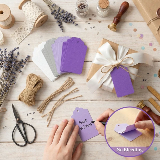 Alt view image 4 of 7 - 170 PCS Gift Tags with String Attached, 1.8X3.4 inch | Multicolored Hanging Tags Purple Gray White, Wedding Birthday Holiday Party Favors