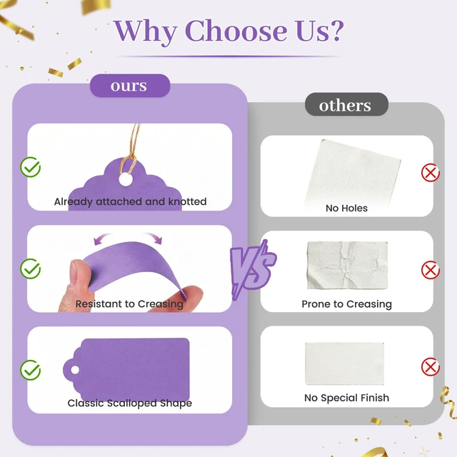 Alt view image 5 of 7 - 170 PCS Gift Tags with String Attached, 1.8X3.4 inch | Multicolored Hanging Tags Purple Gray White, Wedding Birthday Holiday Party Favors