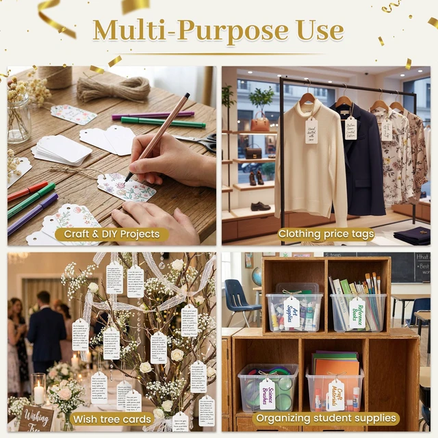 Alt view image 2 of 7 - Large White Gift Tags with String, 100 Pack 2 X 4 inch | Scalloped Edge, Natural Jute String, Pre-Punched Design, Retail Price Tags and Wish Tree Cards