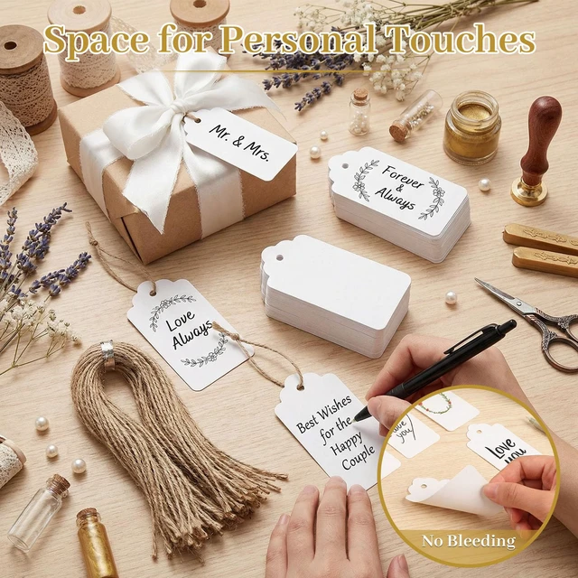 Alt view image 4 of 7 - Large White Gift Tags with String, 100 Pack 2 X 4 inch | Scalloped Edge, Natural Jute String, Pre-Punched Design, Retail Price Tags and Wish Tree Cards