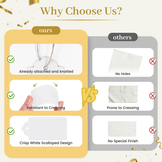 Alt view image 5 of 7 - Large White Gift Tags with String, 100 Pack 2 X 4 inch | Scalloped Edge, Natural Jute String, Pre-Punched Design, Retail Price Tags and Wish Tree Cards