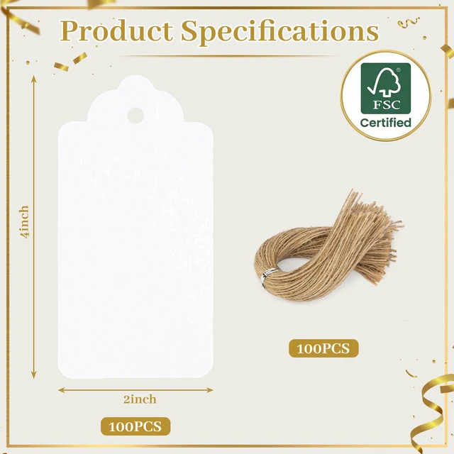 Alt view image 6 of 7 - Large White Gift Tags with String, 100 Pack 2 X 4 inch | Scalloped Edge, Natural Jute String, Pre-Punched Design, Retail Price Tags and Wish Tree Cards