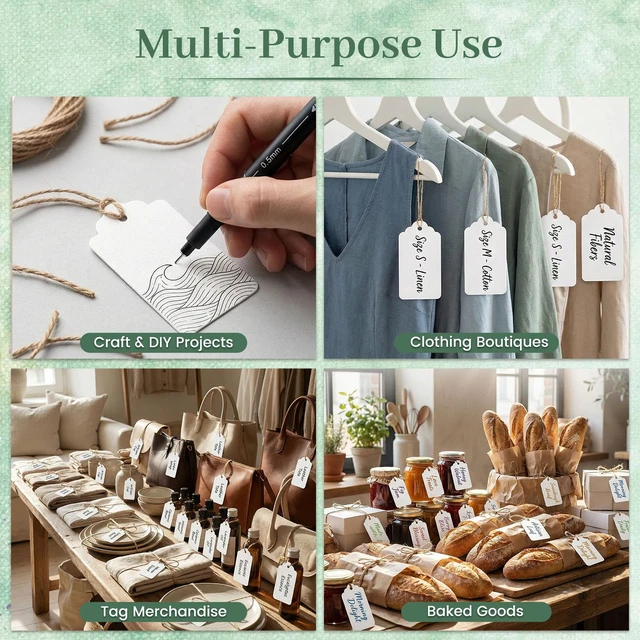 Alt view image 2 of 7 - 100 PCS Gift Tags with String Attached, Kraft Paper Hang Tags | 1.7X2.8 inch, Paper Hang Tags for Clothes DIY, Crafts Wedding Holiday (White)
