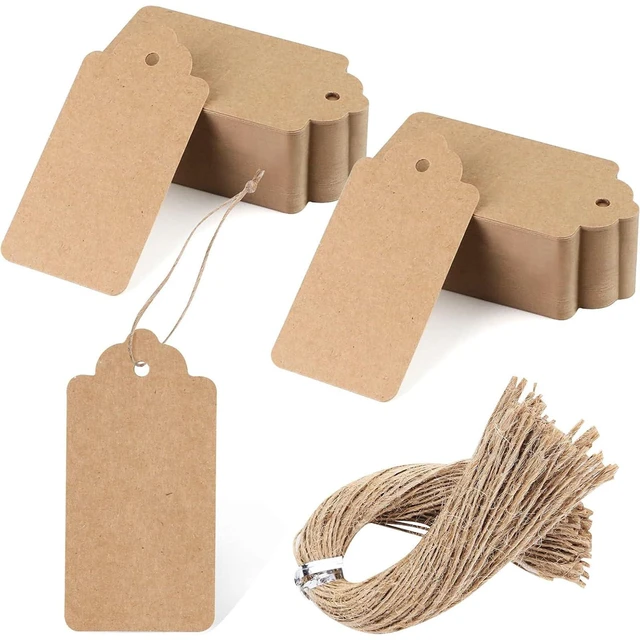 Main image of Large Kraft Gift Tags with String, 100 Pack 2 X 4 inch | Scalloped Edge, Natural Jute String, Pre-Punched Design, Retail Tags and DIY Bookmarks