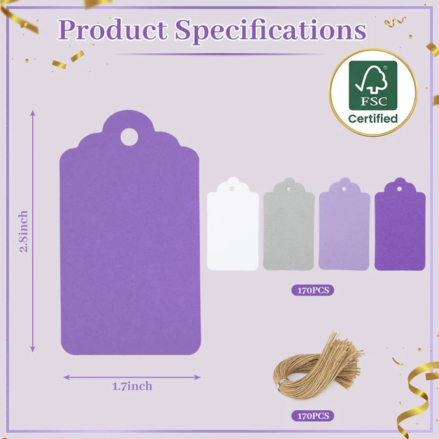 Alt view image 6 of 7 - 170 PCS Gift Tags with String Attached, 1.8X3.4 inch | Multicolored Hanging Tags Purple Gray White, Wedding Birthday Holiday Party Favors
