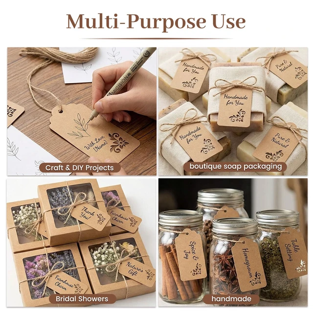 Alt view image 2 of 7 - 100 PCS Gift Tags, 2X4 inch Kraft Paper Hollow | Tags with Strings for Wedding Bridal Party Favors Baby Shower