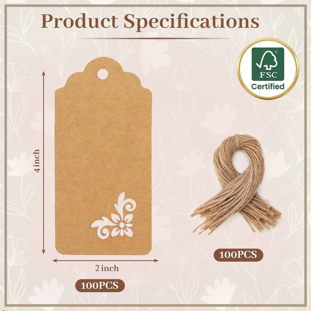 Alt view image 6 of 7 - 100 PCS Gift Tags, 2X4 inch Kraft Paper Hollow | Tags with Strings for Wedding Bridal Party Favors Baby Shower
