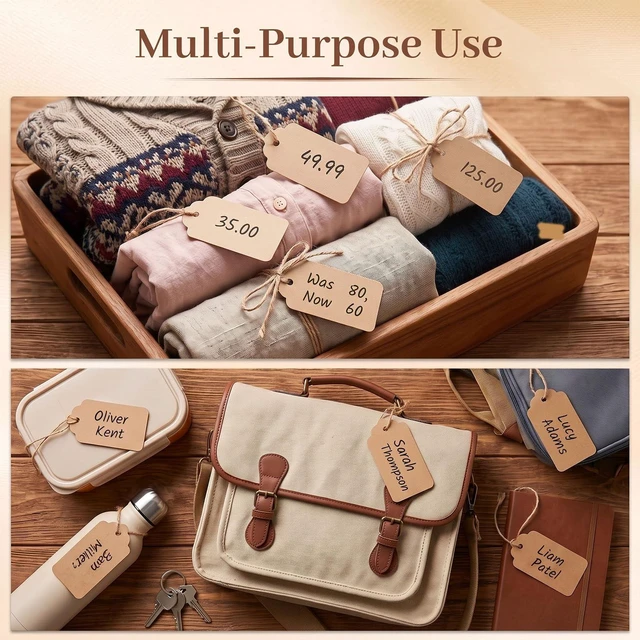 Alt view image 2 of 7 - 100PCS Gift Tags with String Attached, Kraft Paper Hang Tags | 1.7 X 2.8 inch, Hang Tags for Clothes DIY Crafts, Wedding Holiday ,Brown
