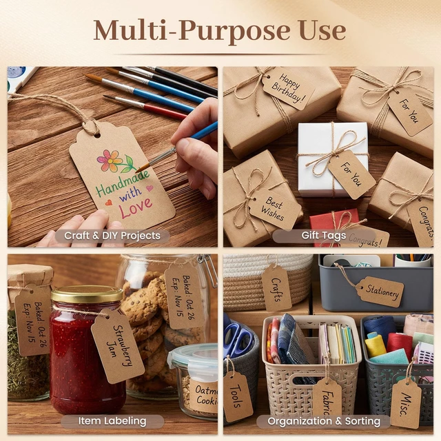 Alt view image 3 of 7 - 100PCS Gift Tags with String Attached, Kraft Paper Hang Tags | 1.7 X 2.8 inch, Hang Tags for Clothes DIY Crafts, Wedding Holiday ,Brown