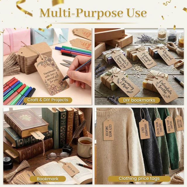 Alt view image 2 of 7 - Large Kraft Gift Tags with String, 100 Pack 2 X 4 inch | Scalloped Edge, Natural Jute String, Pre-Punched Design, Retail Tags and DIY Bookmarks