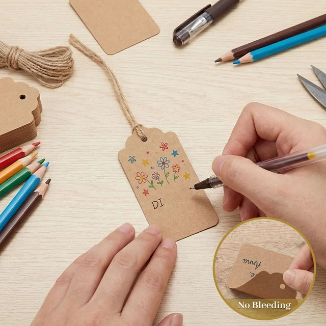 Alt view image 5 of 7 - 100PCS Gift Tags with String Attached, Kraft Paper Hang Tags | 1.7 X 2.8 inch, Hang Tags for Clothes DIY Crafts, Wedding Holiday ,Brown