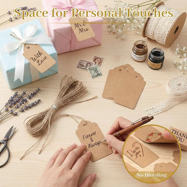 Alt view image 4 of 7 - Large Kraft Gift Tags with String, 100 Pack 2 X 4 inch | Scalloped Edge, Natural Jute String, Pre-Punched Design, Retail Tags and DIY Bookmarks