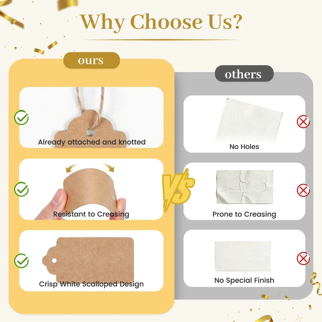 Alt view image 5 of 7 - Large Kraft Gift Tags with String, 100 Pack 2 X 4 inch | Scalloped Edge, Natural Jute String, Pre-Punched Design, Retail Tags and DIY Bookmarks