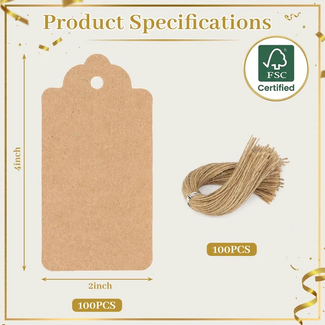 Alt view image 6 of 7 - Large Kraft Gift Tags with String, 100 Pack 2 X 4 inch | Scalloped Edge, Natural Jute String, Pre-Punched Design, Retail Tags and DIY Bookmarks