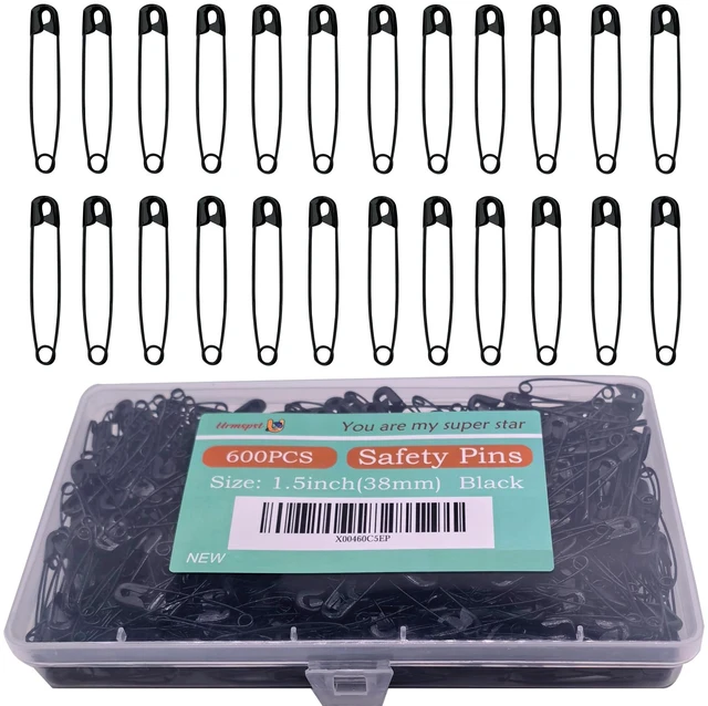 Main image of 600PCS Safety Pins (Upgraded), 1.5 inch Small Safety Pin, Rust-Resistant Nickel Plated Steel, Sharp Edge Safety Pin for Clothes, Sewing, 38mm Decorative Safety Pins Assorted (Black)