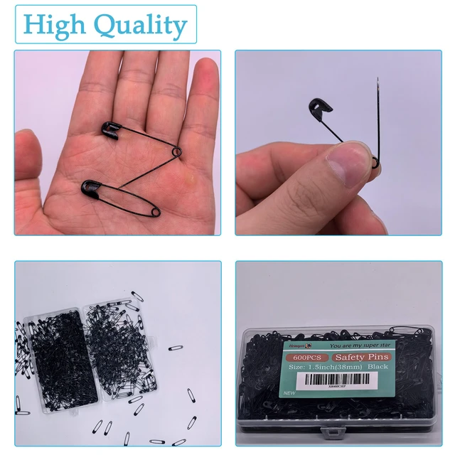 Alt view image 3 of 6 - 600PCS Safety Pins (Upgraded), 1.5 inch Small Safety Pin, Rust-Resistant Nickel Plated Steel, Sharp Edge Safety Pin for Clothes, Sewing, 38mm Decorative Safety Pins Assorted (Black)