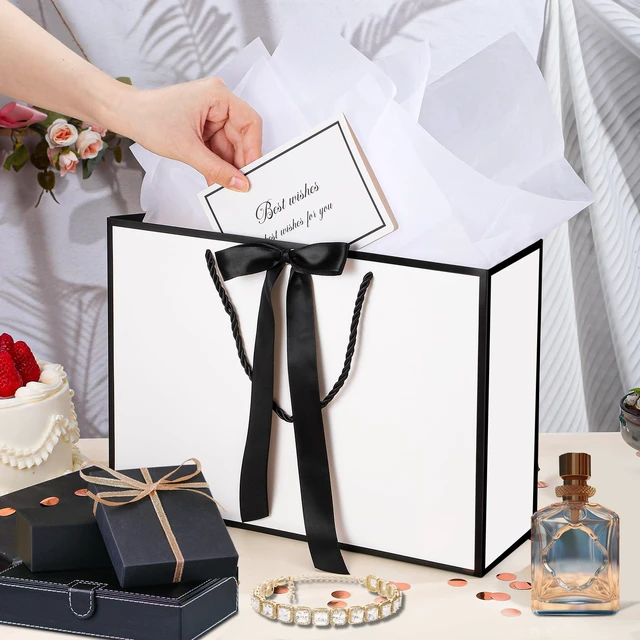 Alt view image 5 of 6 - 2 Pcs White Gift Bags, 14" Medium Wedding Gift Bag with Tissue Paper | 2 Pcs Gift Bags, 4 Tissue Paper & 2 Cards, Ideal for Wedding Bridal Shower, Birthday Party Decorations
