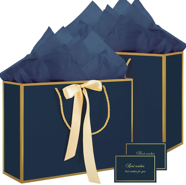 Main image of 13.7" Large Gift Bags with Handles, 2 Pack Navy Blue Paper Gift Bags | Includes 4 Tissue Paper & 2 Cards, Ribbon Handles, for Men Birthday, Wedding Groomsmen, Anniversary, Business Activities