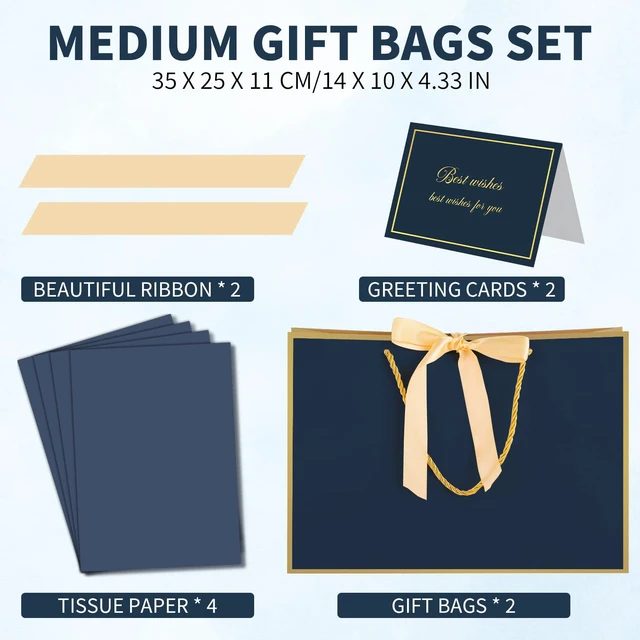 Alt view image 2 of 7 - 13.7" Large Gift Bags with Handles, 2 Pack Navy Blue Paper Gift Bags | Includes 4 Tissue Paper & 2 Cards, Ribbon Handles, for Men Birthday, Wedding Groomsmen, Anniversary, Business Activities