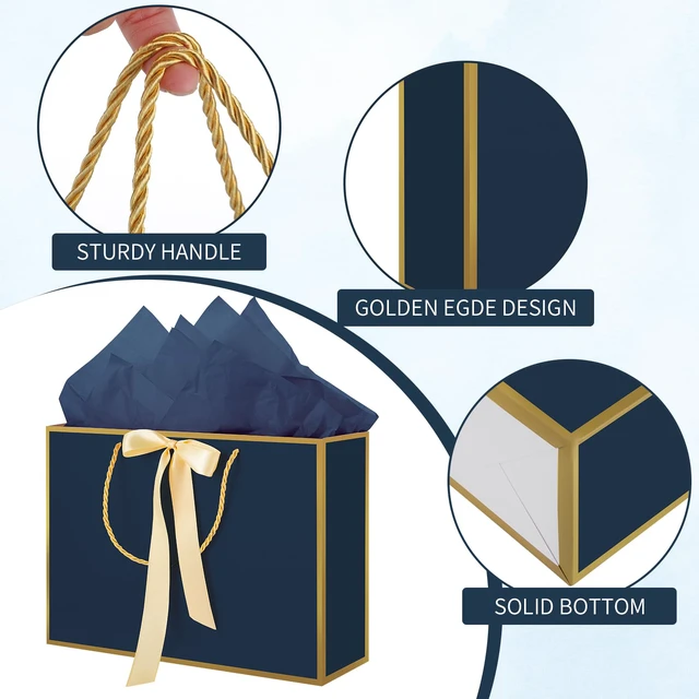 Alt view image 3 of 7 - 13.7" Large Gift Bags with Handles, 2 Pack Navy Blue Paper Gift Bags | Includes 4 Tissue Paper & 2 Cards, Ribbon Handles, for Men Birthday, Wedding Groomsmen, Anniversary, Business Activities