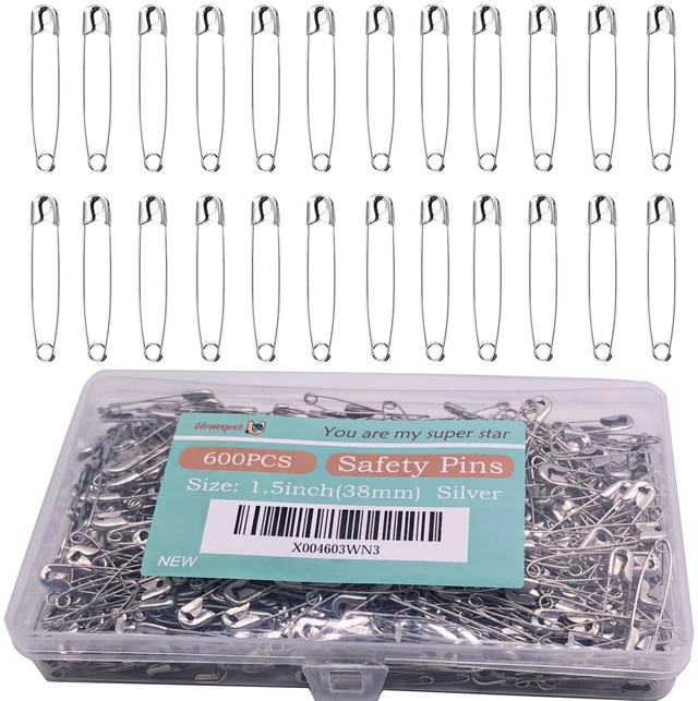 Main image of 600PCS Safety Pins (Upgraded), 1.5 inch Small Safety Pin, Rust-Resistant Nickel Plated Steel, Sharp Edge Safety Pin for Clothes, Sewing, Arts & Craft, 38mm Decorative Safety Pins (Silver)