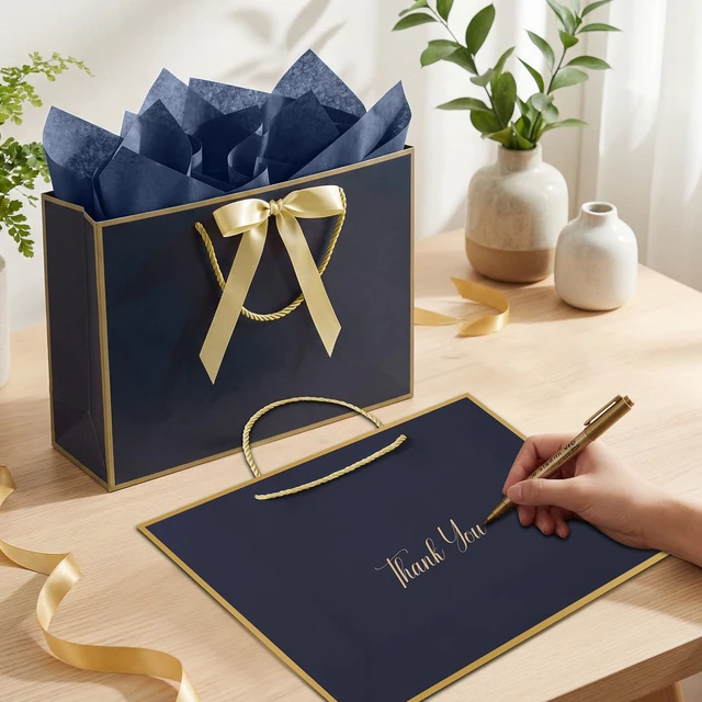 Alt view image 4 of 7 - 13.7" Large Gift Bags with Handles, 2 Pack Navy Blue Paper Gift Bags | Includes 4 Tissue Paper & 2 Cards, Ribbon Handles, for Men Birthday, Wedding Groomsmen, Anniversary, Business Activities