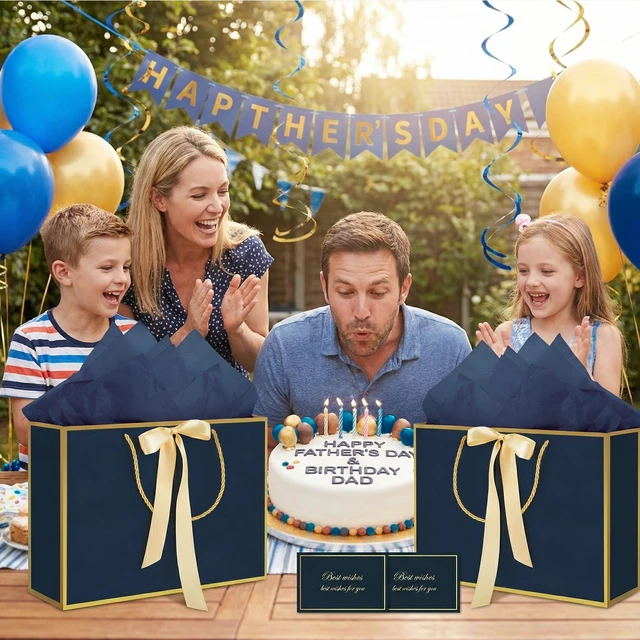 Alt view image 5 of 7 - 13.7" Large Gift Bags with Handles, 2 Pack Navy Blue Paper Gift Bags | Includes 4 Tissue Paper & 2 Cards, Ribbon Handles, for Men Birthday, Wedding Groomsmen, Anniversary, Business Activities
