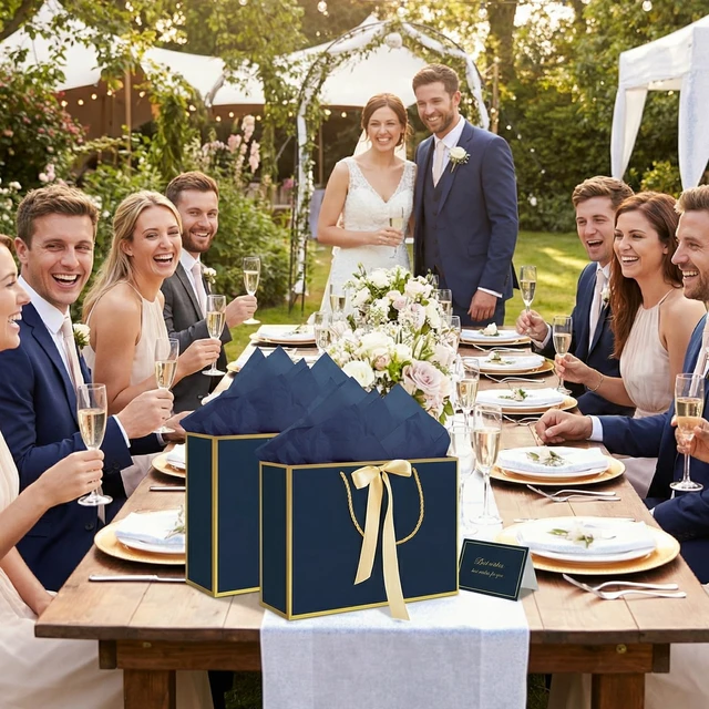 Alt view image 6 of 7 - 13.7" Large Gift Bags with Handles, 2 Pack Navy Blue Paper Gift Bags | Includes 4 Tissue Paper & 2 Cards, Ribbon Handles, for Men Birthday, Wedding Groomsmen, Anniversary, Business Activities
