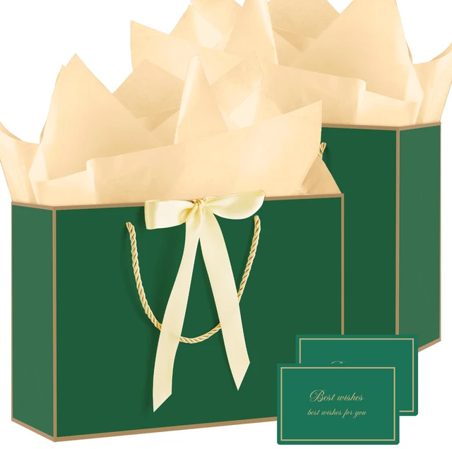 Main image of 2 Pcs Green Gift Bags, 14" Medium Gift Bags with Tissue Paper | 2 Pcs Green Bags, 4 Tissue Paper and 2 Cards, Ideal for Wedding Bridal Shower Birthday Party Christmas