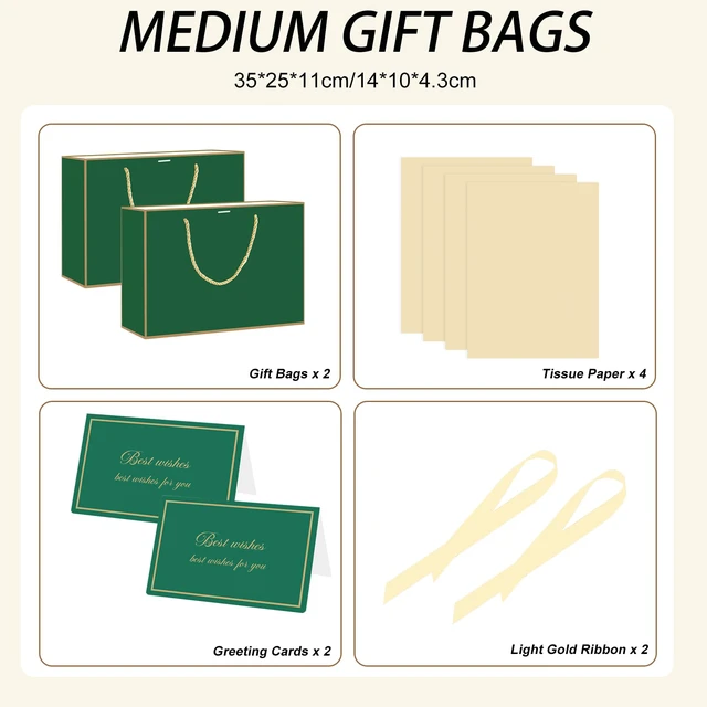 Alt view image 2 of 6 - 2 Pcs Green Gift Bags, 14" Medium Gift Bags with Tissue Paper | 2 Pcs Green Bags, 4 Tissue Paper and 2 Cards, Ideal for Wedding Bridal Shower Birthday Party Christmas