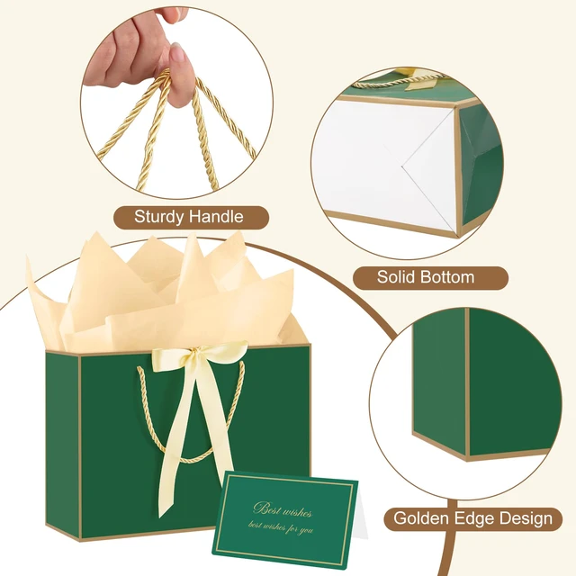 Alt view image 3 of 6 - 2 Pcs Green Gift Bags, 14" Medium Gift Bags with Tissue Paper | 2 Pcs Green Bags, 4 Tissue Paper and 2 Cards, Ideal for Wedding Bridal Shower Birthday Party Christmas