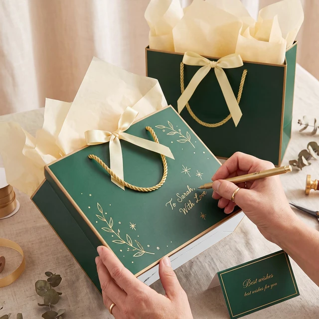 Alt view image 4 of 6 - 2 Pcs Green Gift Bags, 14" Medium Gift Bags with Tissue Paper | 2 Pcs Green Bags, 4 Tissue Paper and 2 Cards, Ideal for Wedding Bridal Shower Birthday Party Christmas