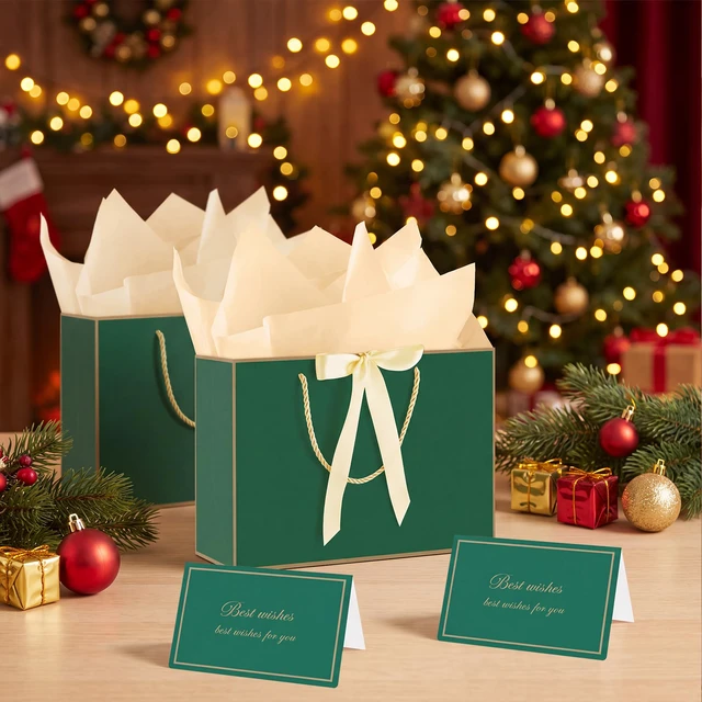 Alt view image 5 of 6 - 2 Pcs Green Gift Bags, 14" Medium Gift Bags with Tissue Paper | 2 Pcs Green Bags, 4 Tissue Paper and 2 Cards, Ideal for Wedding Bridal Shower Birthday Party Christmas