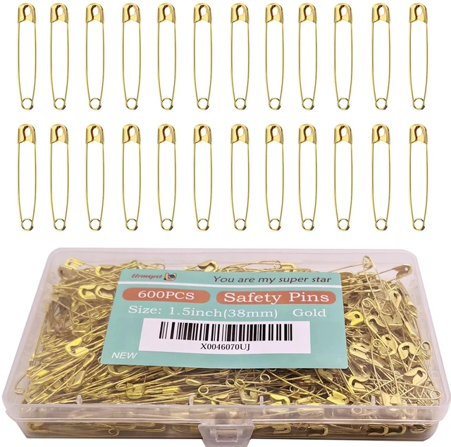 Main image of 600PCS Safety Pins (Upgraded), 1.5 inch Small Safety Pin, Rust-Resistant Nickel Plated Steel, Sharp Edge Safety Pin for Clothes, Sewing, Arts & Craft, 38mm Decorative Safety Pins (Gold)
