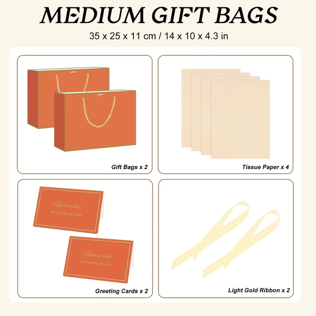Alt view image 2 of 7 - 2 Pcs Orange Gift Bags with Handles, 14" Medium Fall Gift Bags | 2 Pcs Orange Bags, 4 Tissue Paper and 2 Cards, Ideal for Birthday, Autumn Fall Thanksgiving, Halloween, Thank You Gift