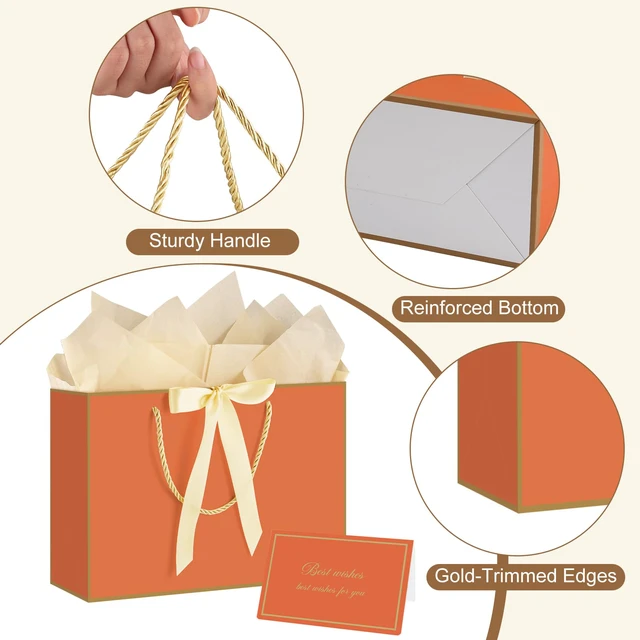 Alt view image 3 of 7 - 2 Pcs Orange Gift Bags with Handles, 14" Medium Fall Gift Bags | 2 Pcs Orange Bags, 4 Tissue Paper and 2 Cards, Ideal for Birthday, Autumn Fall Thanksgiving, Halloween, Thank You Gift