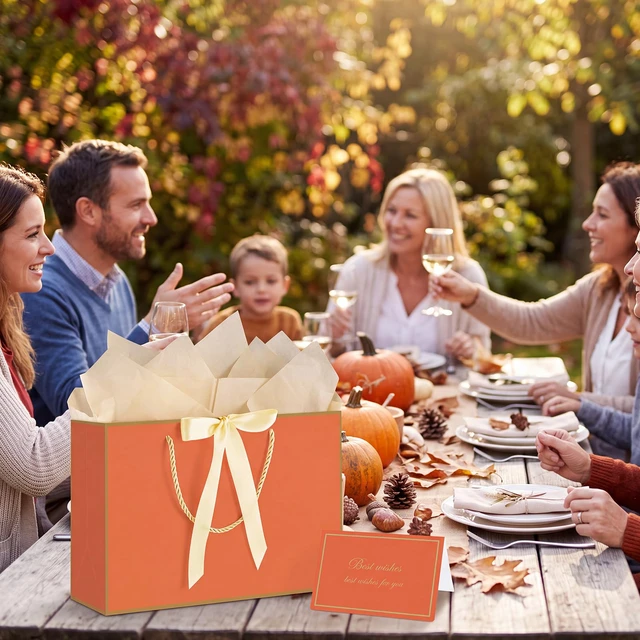 Alt view image 4 of 7 - 2 Pcs Orange Gift Bags with Handles, 14" Medium Fall Gift Bags | 2 Pcs Orange Bags, 4 Tissue Paper and 2 Cards, Ideal for Birthday, Autumn Fall Thanksgiving, Halloween, Thank You Gift