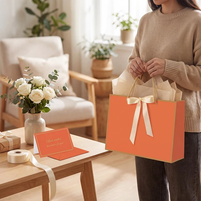 Alt view image 6 of 7 - 2 Pcs Orange Gift Bags with Handles, 14" Medium Fall Gift Bags | 2 Pcs Orange Bags, 4 Tissue Paper and 2 Cards, Ideal for Birthday, Autumn Fall Thanksgiving, Halloween, Thank You Gift